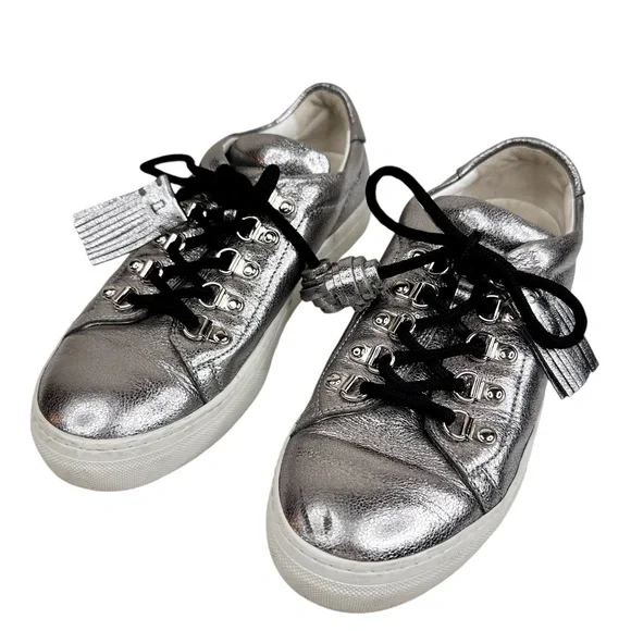 TOD’S Sportivo Metallic Leather Sneakers SZ 38 Fringe Silver Shoes